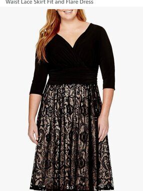 Sangria Women's V-Neck Elbow Sleeve Ruched Waist Lace Skirt Fit and Flare Dress